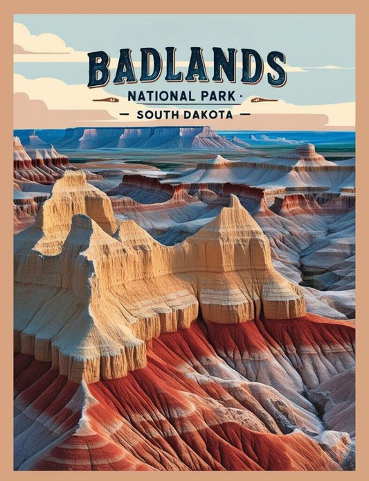 South Dakota Badlands National Park Retro Travel Poster Art Box of 10 Blank Note Cards 4x5 267337