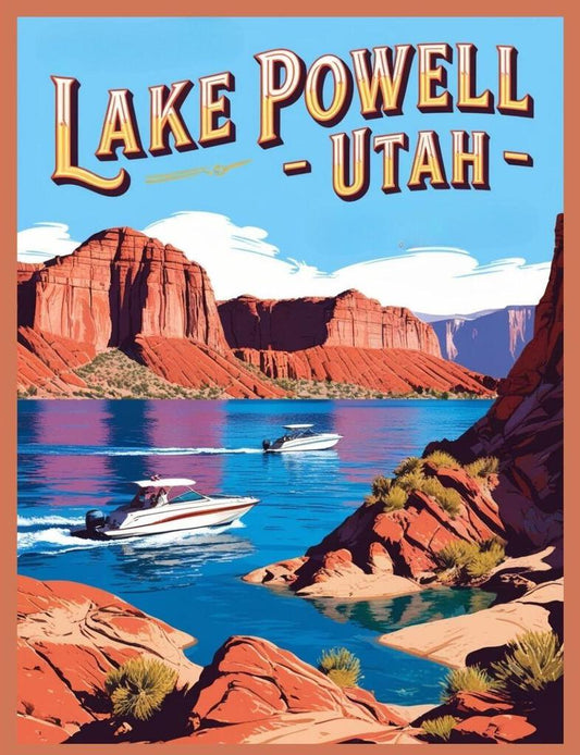 Utah Lake Powell Boating Water Ski Retro Travel Poster Art Box of 10 Blank Note Cards 4x5 267343