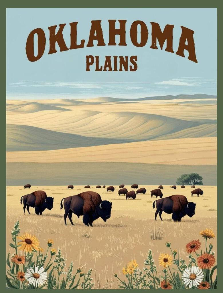 Oklahoma Plains Buffalo Wild Flowers Retro Travel Poster Box of 10 Blank Note Cards 4x5 267347