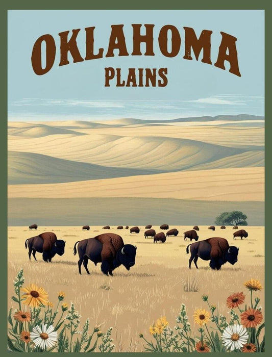 Oklahoma Plains Buffalo Wild Flowers Retro Travel Poster Box of 10 Blank Note Cards 4x5 267347