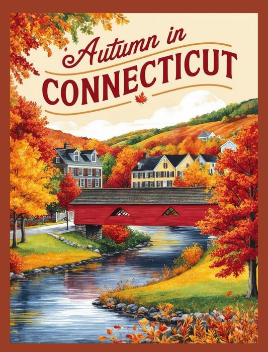 Connecticut Autumn Covered Bridge Fall Retro Travel Poster Box of 10 Blank Note Cards 4x5 267357