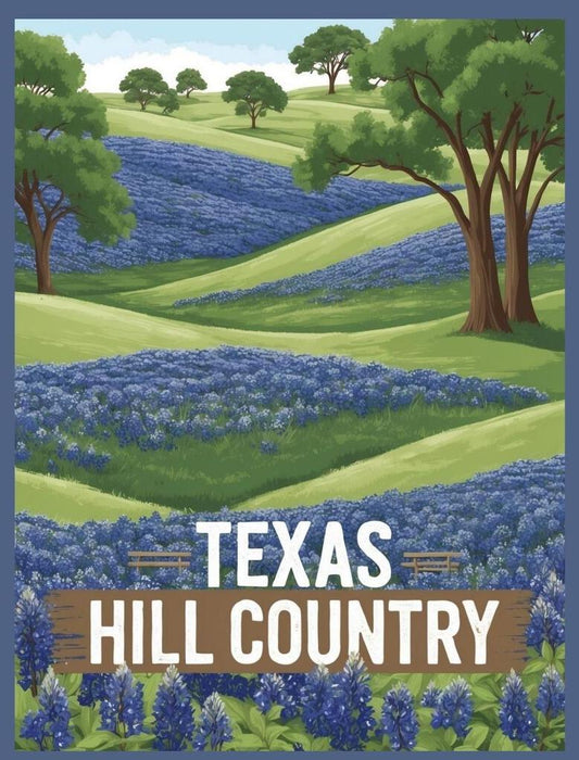 Texas Hill Country Blue Bonnets Retro Travel Poster Box of 10 Blank Note Cards 4x5 267423