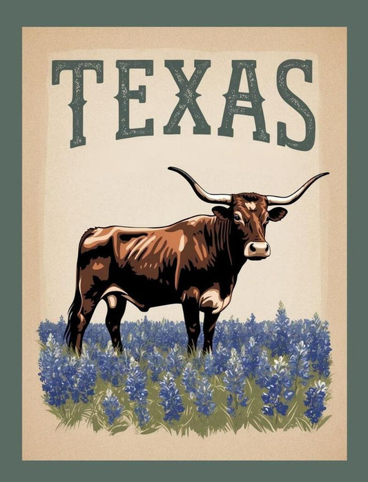 Texas Longhorn Bluebonnet Retro Travel Poster Box of 10 Blank Note Cards 4x5 267586