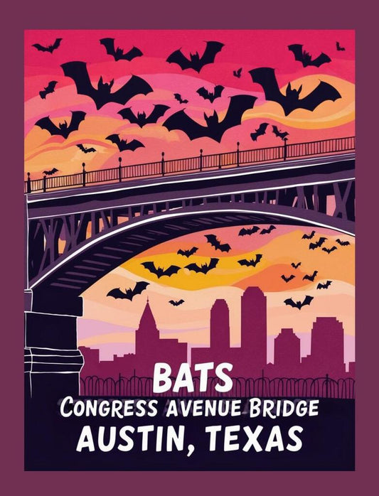 Texas Austin Congress Avenue Bridge Bats Retro Travel Poster Box of 10 Blank Note Cards 4x5 267591