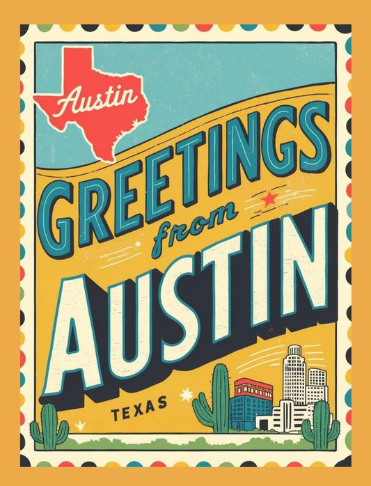 Texas Greetings From Austin Retro Travel Poster Box of 10 Blank Note Cards 4x5 267592