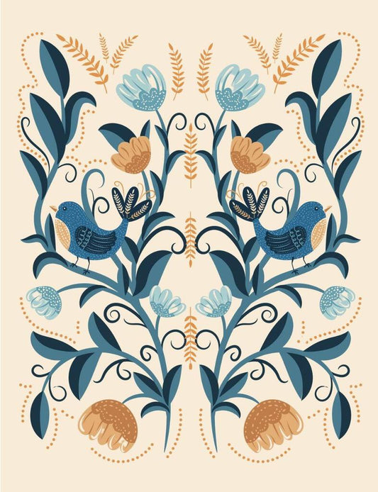 Folk Art Floral Bird Cream Blue Box of 10 Blank Note Cards 4x5 267769