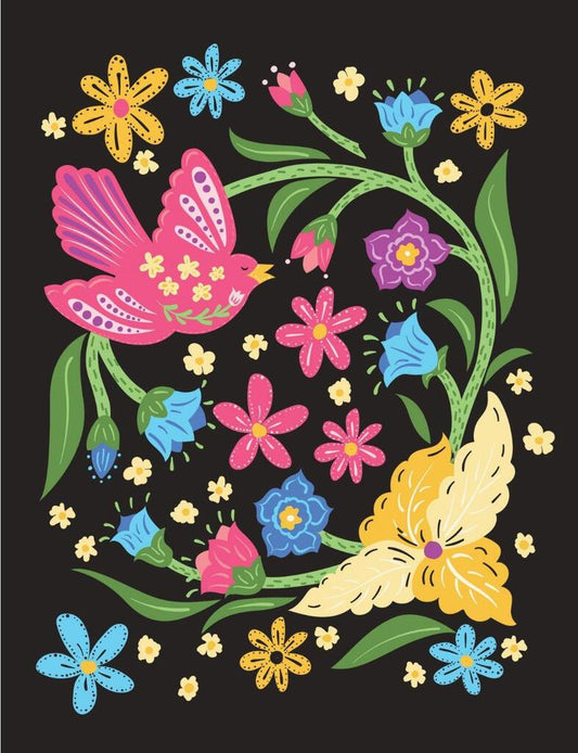Folk Art Floral Bird Black Fuchsia Yellow Box of 10 Blank Note Cards 4x5  267770