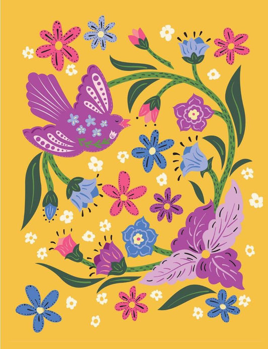 Folk Art Floral Bird Yellow Box of 10 Blank Note Cards 4x5 267772