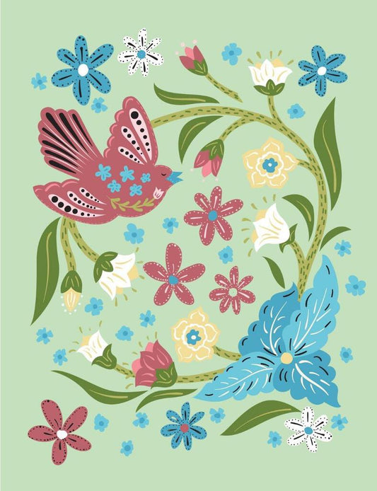 Folk Art Floral Bird Mint Green Box of 10 Blank Note Cards 4x5 267773