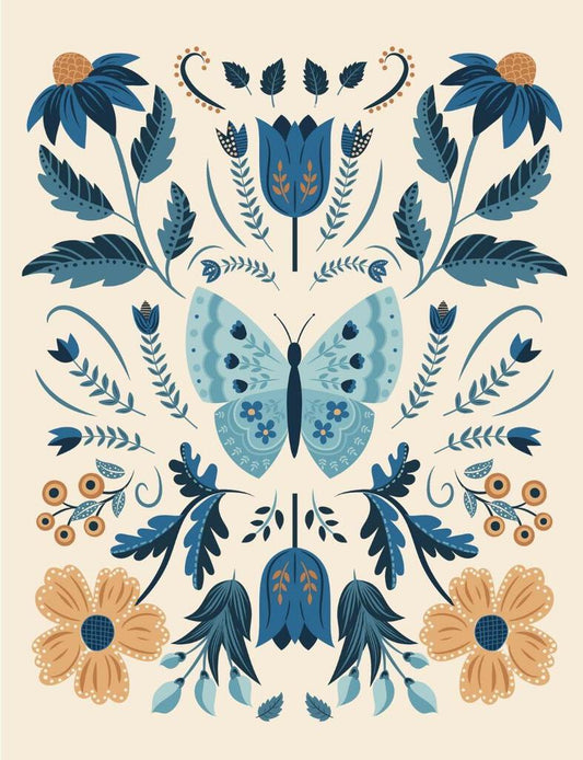 Folk Art Floral Butterfly Cream Blue Box of 10 Blank Note Cards 4x5 267774