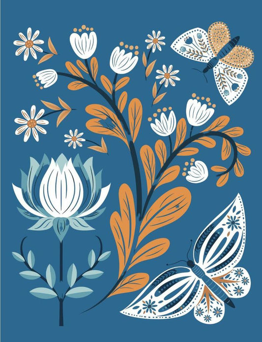 Folk Art Floral Butterfly Blue White Box of 10 Blank Note Cards 4x5 267775