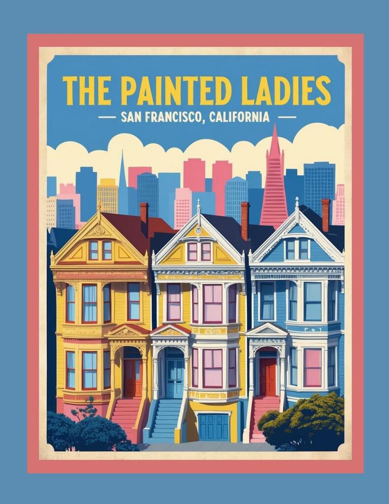 California Painted Ladies San Francisco Travel Poster Art Box of 10 Blank Note Cards 4x5 268633