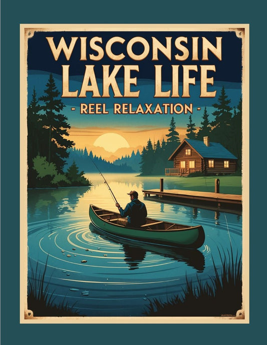 Wisconsin Lake Life Reel Relaxation Fishing Retro Travel Box of 10 Blank Note Cards 4x5 268720
