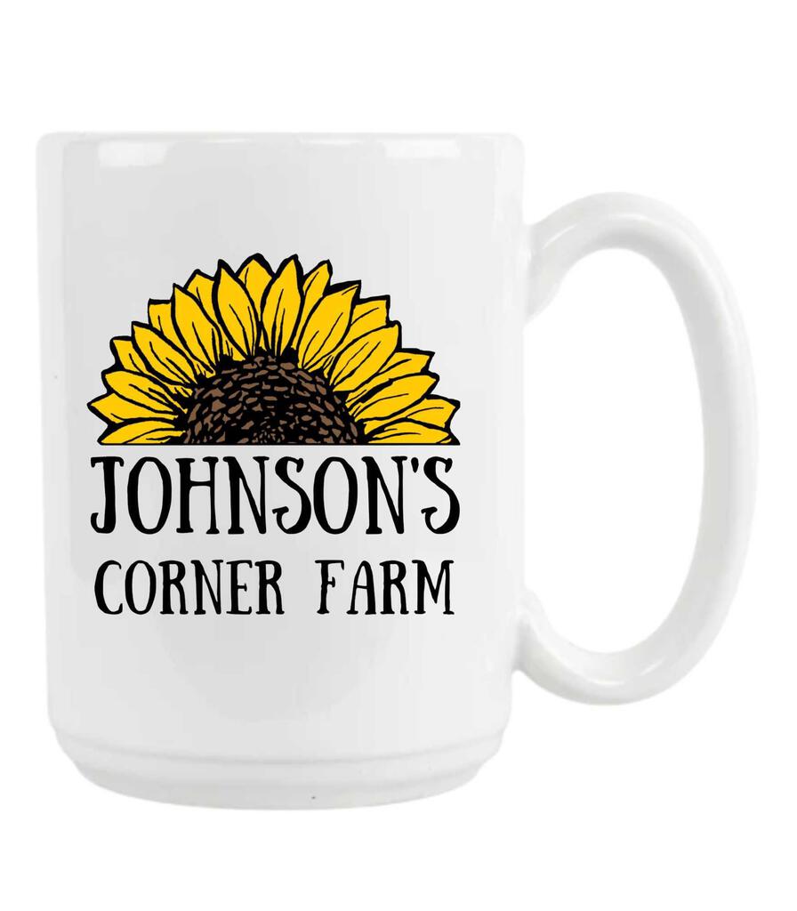 CUSTOM Johnson Corners Farm Sunflower Logo Ceramic Coffee Mug Tea Cup Novelty Gift 15 oz 268876