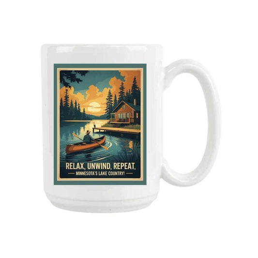 Minnesota Lake Country Relax Unwind Repeat Retro Travel Ceramic Coffee Mug 15 oz 269112