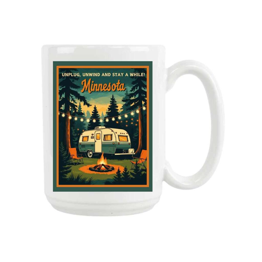 Minnesota Camping Unplug Unwind Stay A While Retro Travel Ceramic Coffee Mug 15 oz 269113