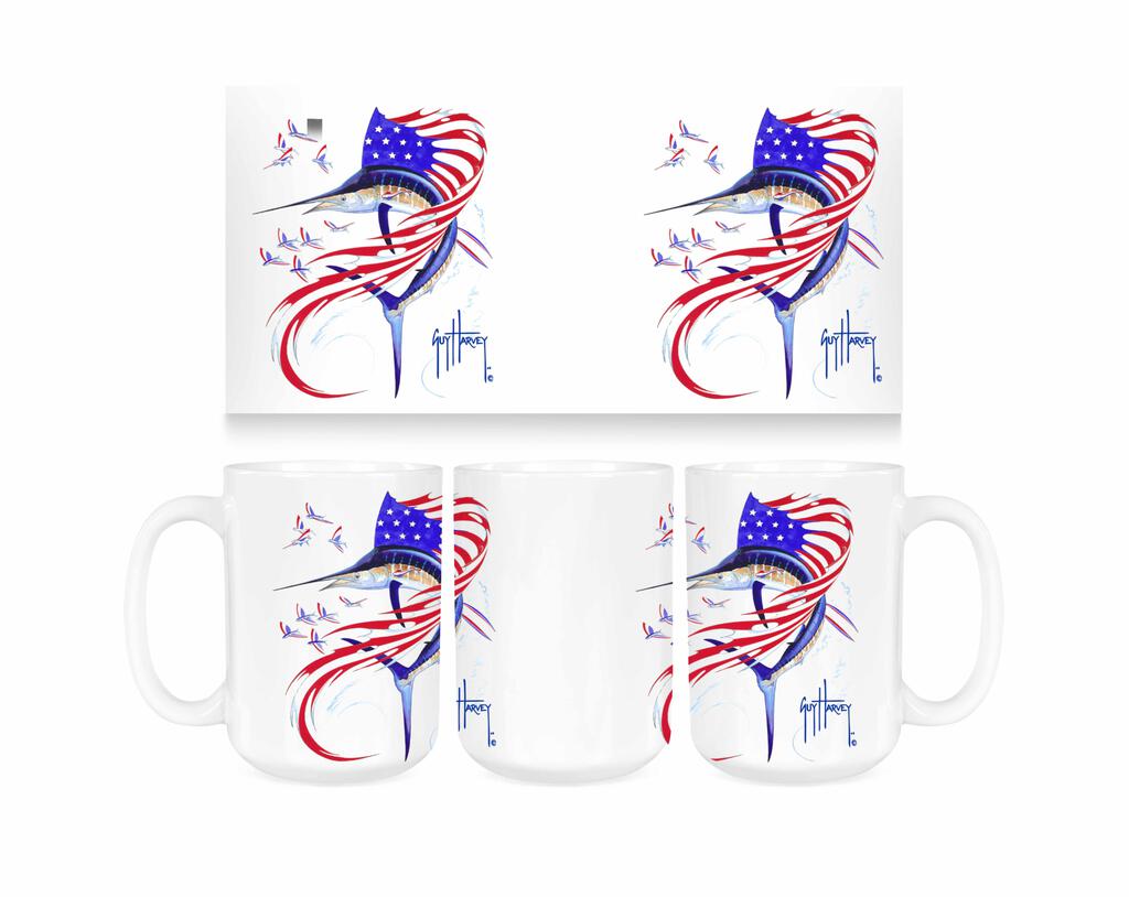 Guy Harvey Sail America Patriotic Sailfish Ceramic Coffee Mug Tea Cup Fun Novelty Gift 15 oz 269240