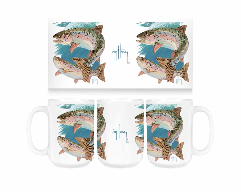 Guy Harvey Two Rainbow Trout Ceramic Coffee Mug Tea Cup Fun Novelty Gift 15 oz 269273