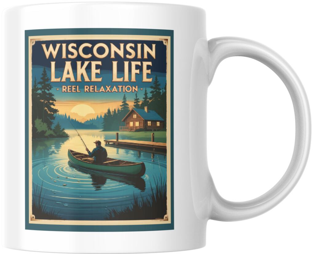 Wisconsin Lake Life Reel Relaxation Retro Travel Ceramic Coffee Mug Tea Cup Novelty Gift 12 oz 269291