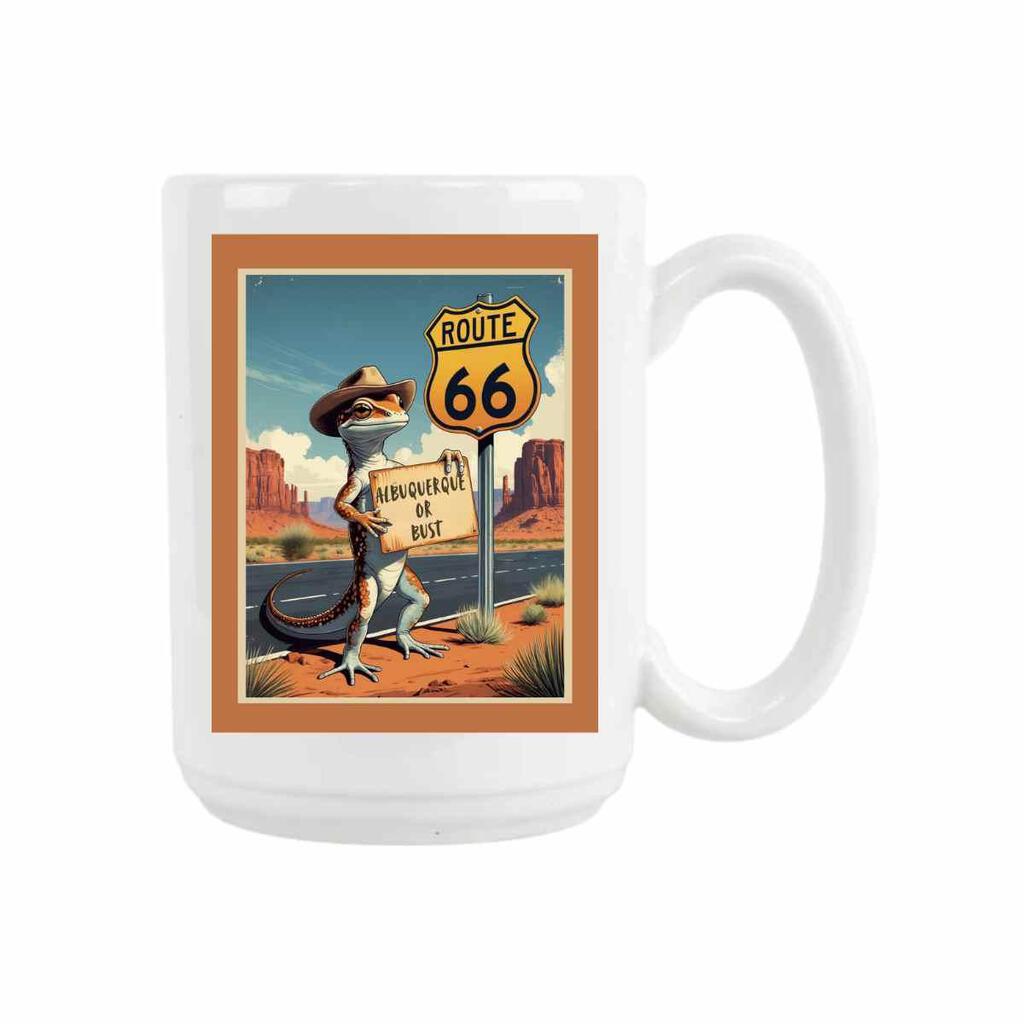 New Mexico Route 66 Albuquerque Or Bust Cowboy Gecko Retro Travel Ceramic Coffee Mug 15 oz 269658