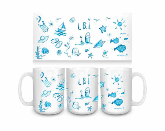 CUSTOM LBI My Happy Place Beach Icons Blue Ceramic Coffee Mug 15 oz 274628
