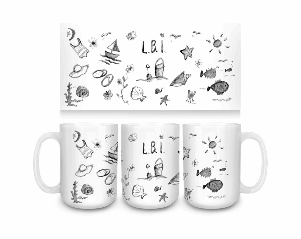 CUSTOM LBI My Happy Place Beach Icons Black And White Ceramic Coffee Mug 15 oz 274629
