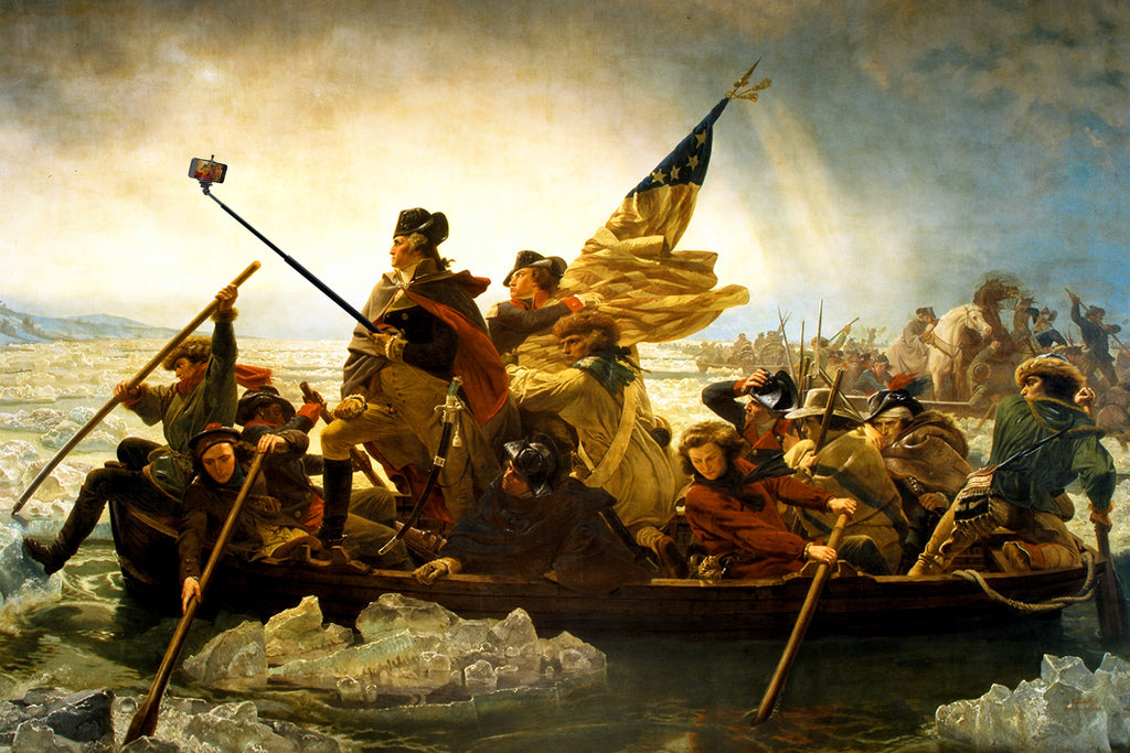 George Washington Crossing Delaware Selfie Funny Poster Taking Selfie Stick in Boat Art Humor Parody Cool Wall Art Print Poster 12x18 31310
