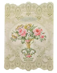 Cream embossed lace cover with urn of peach, cream and red roses embossed die-cut female greeting card from Carol Wilson Fine Arts. Inside: May many wonderful moments grace your special day. Happy Birthday! Retail: $4.25