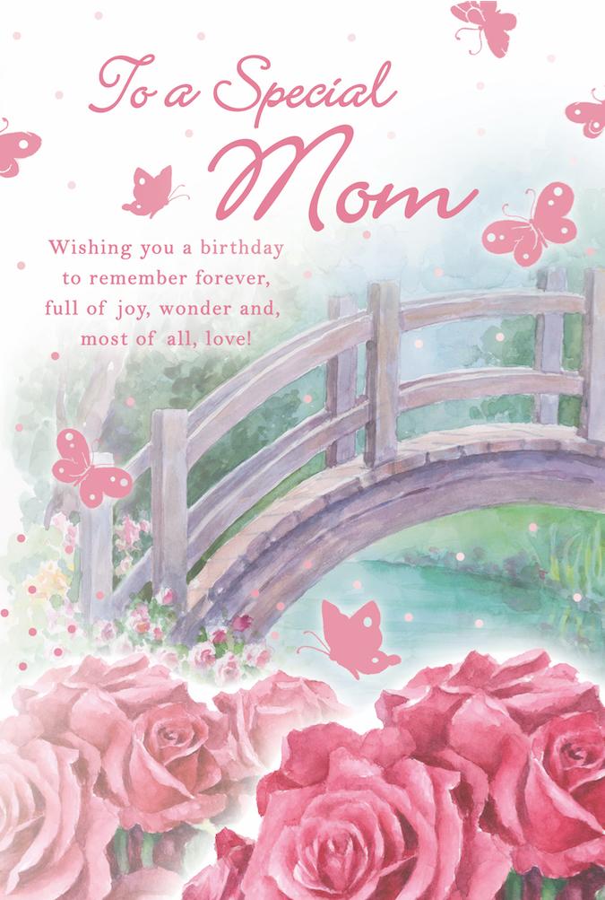 Rose bridge themed MOM birthday greeting card. Inside: Dear Mom, may your birthday be so special, just like you.  Unit pack of 6 cards. Retail $3.99