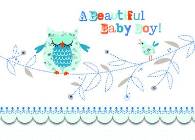 Blue owl, new baby boy greeting card. Retail; $2.99  Inside: Congratulations on your little bundle of joy. 5204