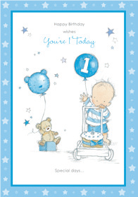 Little boy with balloon- 1st age boy birthday card. Retail $2.99. . Inside: Its time to blow the candle out, and sing a loud HOORAY! 03957A