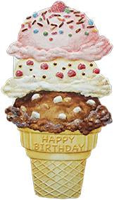 Chocolate, vanilla, strawberry ice cream cone embossed die cut general birthday greeting card from Carol Wilson Fine Arts Inside: Happy Birthday! Retail: $4.25 CRG1609