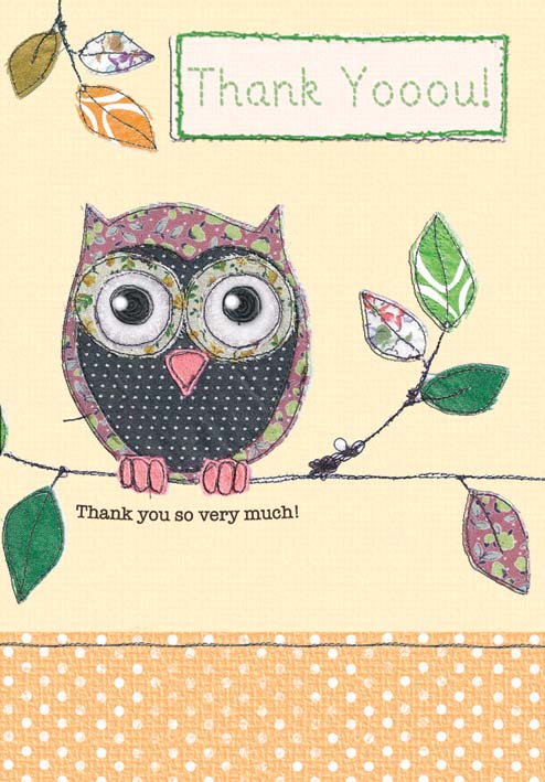 Owl- Thank you greeting card. Retail: $3.99. Unit pack: 6. Inside: Thank you so much!