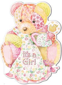 Pink shaped bear new girl baby greeting card from Carol Wilson Fine Arts Inside: Congratulations to you! Retail: $4.25 Unit pack 6