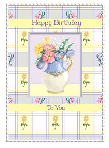 Lilac and yellow plaid with floral accents embossed die cut general birthday greeting card from Carol Wilson Fine Arts. Inside: Heartfelt birthday wishes of love on your special day. Happy Birthday! Retail: $3.25 CG1298