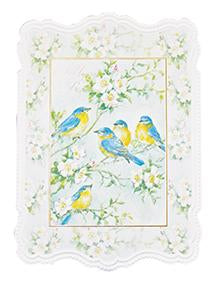Fancy Blue Jays on spring branches embossed die cut general birthday greeting  card from Carol Wilson Fine Arts. Inside: Birthday wishes just for you! Retail: $4.25 Unit pack 6