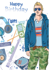 Teen boy with music- Kid Birthday card. Retail $3.49. . Inside: Turn it up party boy! 4923