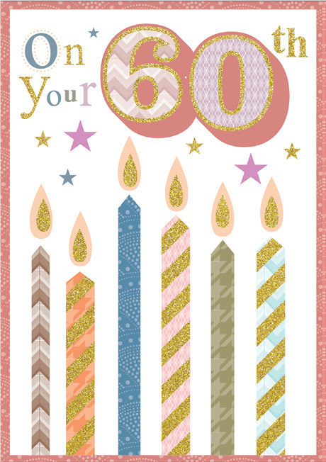 Colorful- 60th age general birthday card. Retail $3.49. Unit Quantity 6. Inside: Wishing you the most amazing special days..