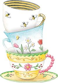 Classic tea cups are stacked  to celebrate! Embossed, die cut general birthday greeting card from Carol Wilson Fine Arts. Inside: Wishing you a birthday filled with  warmth, love and sunshine Retail: $4.25 CRG1608