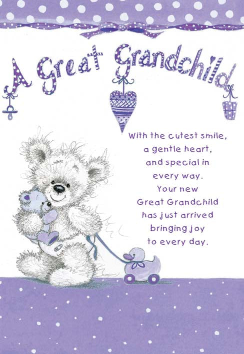 BEAR & TOYS GREAT GRANDCHILD
Retail: 3.49 Unit pack 6
Inside: May your new Great Grandchild provide you with love...