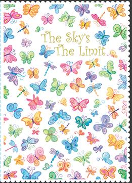 Congratulations! The sky is the limit , colorful butterflies embossed embossed die-cut sympathy greeting card from Carol Wilson Fine Arts. Inside: Well done for reaching new heights. Congratulations! Retail: $4.25 CRG6026