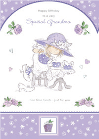 Purple tea time- Grandmother family birthday card. Retail $2.99. . Inside: With lots of love, Grandma, on your birthday. 03976A