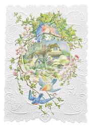 Blue birds and flowers embossed, die-cut general birthday greeting card from Carol Wilson Fine Arts. Inside: May all the happiness you give shine back on you! Happy Birthday! Retail: $4.25 CRG1056