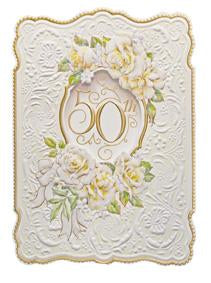Die cut white roses and bold gold lettering celebrate, embossed die cut 50th anniversary greeting card from Carol Wilson Fine Arts. Inside: Happy 50th Anniversary. Retail: $4.99 CRG1089