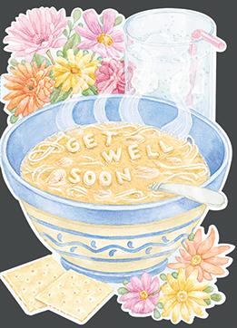 Noodle soup themed embossed die cut get well card from Carol Wilson Fine Arts. Inside: Warm wishes for a speedy recovery. Retai; $4.25 CRG1098