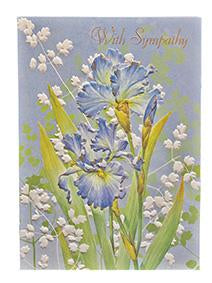 Purple iris and lily of the valley embossed die-cut sympathy greeting card from Carol Wilson Fine Arts. Inside: May you find comfort in God's love and in knowing that others care Retail: $4.99. f 6 CRG1470