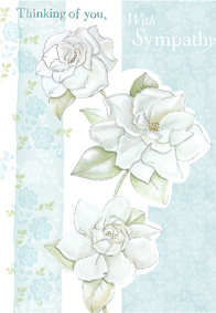 White gardenias- Sympathy greeting card. Retail: $3.49. Unit pack: 6. Inside: Hoping it will help somehow to know that kind thought...