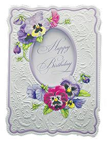 Embossed purple pansies general birthday greeting card from Carol Wilson Fine Arts Inc. Inside: Sending you fond wishes for a very special day. Retail: $4.25 CRG1349