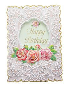 Pink rose spray on white embossing, general birthday greeting card from Carol Wilson Fine Arts. Inside: Wishing you a day that's beautiful in every way. Retail: $4.25 CRG1122