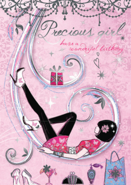 Teen girl in heels- Kid Birthday card. Retail $3.49. Unit Quantity 6. Inside: Hope you are spoiled with everything you wish for...